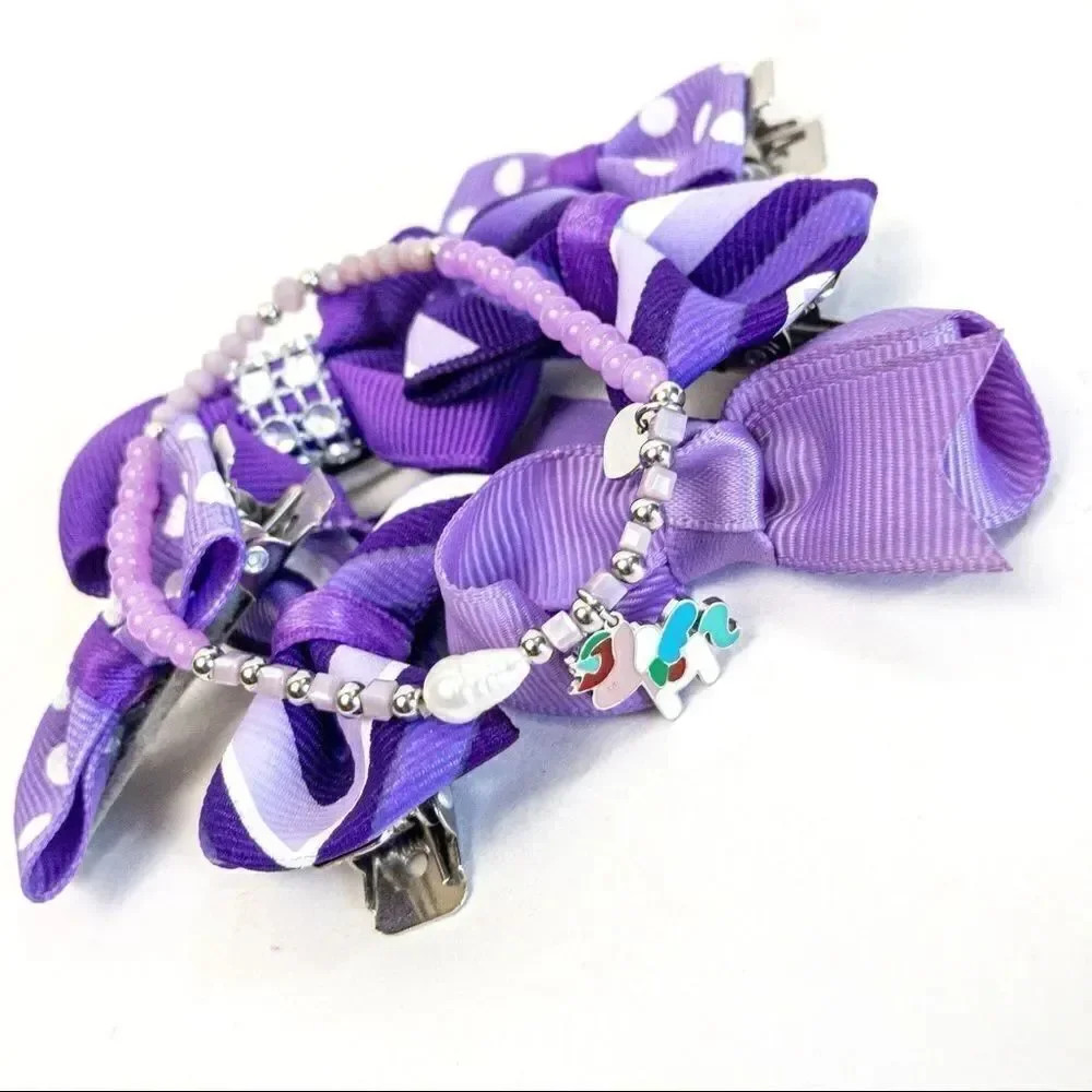 Purple Hair Bow Barettes Bundle with Unicorn Charm